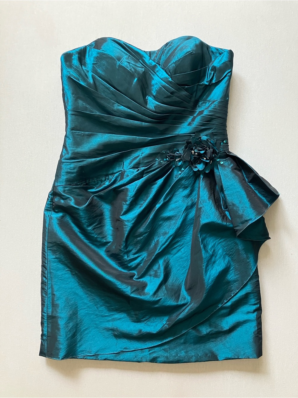 Strapless Teal Satin Cocktail Dress with Floral Waist Detail